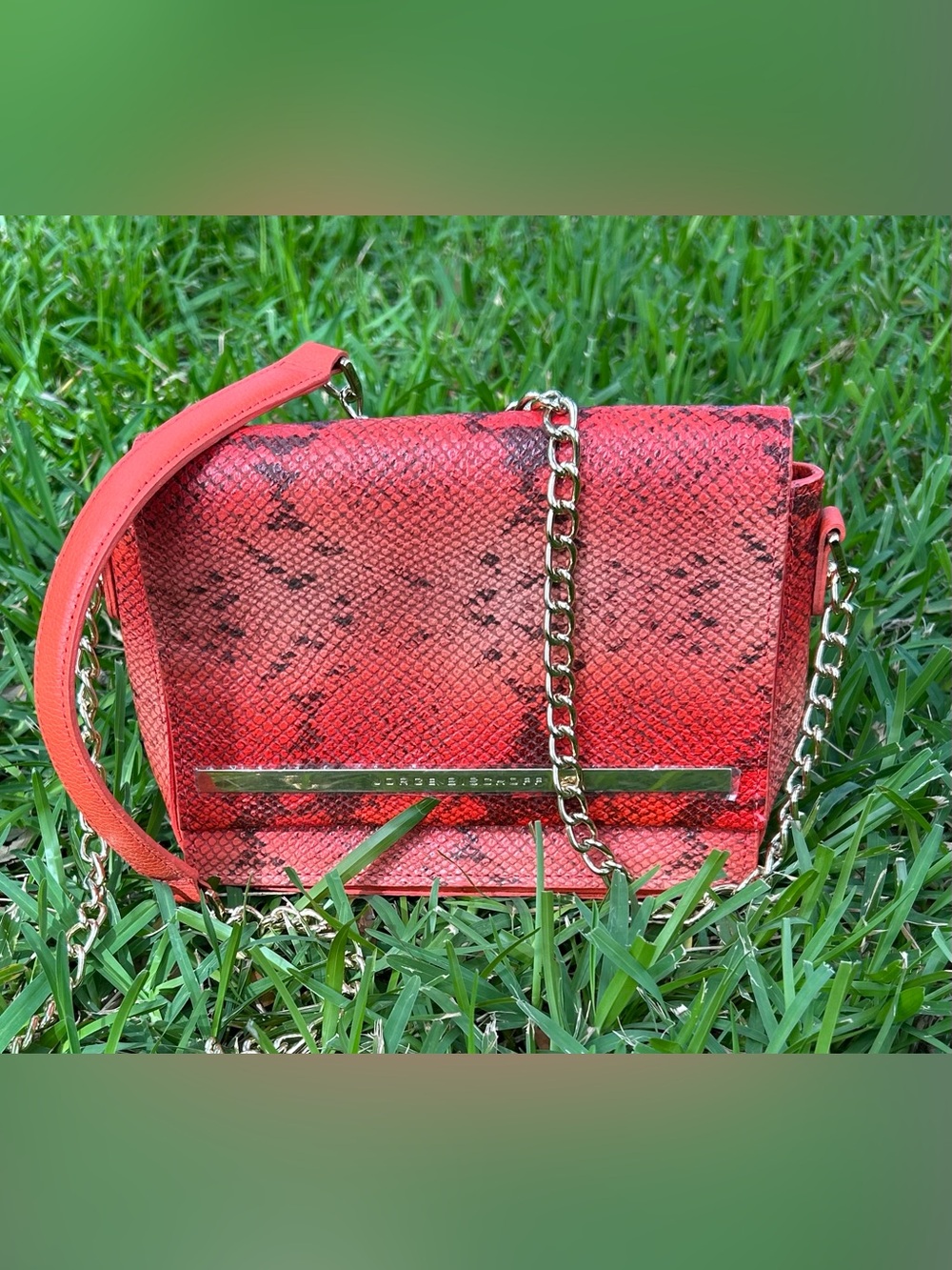 Rare Jorge Bischoff Burnt Orange Snakeskin Print Chain Crossbody Bag
